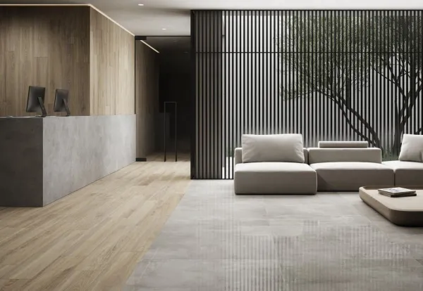 Ambiente con azulejos efecto cemento en tonos neutros, colección Teba de TAU ceràmica