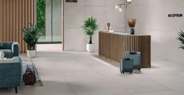 Ambiente con azulejos efecto cemento en tonos neutros, colección Zeed de Vitacer