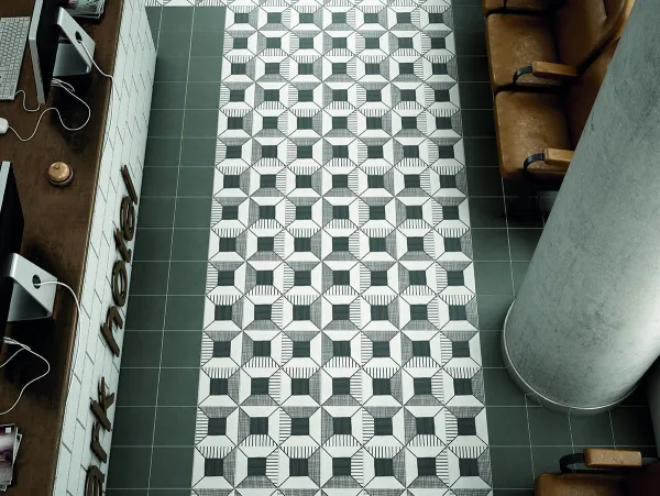 Ambiente con azulejos efecto hidráulico, colección Caprice de Equipe