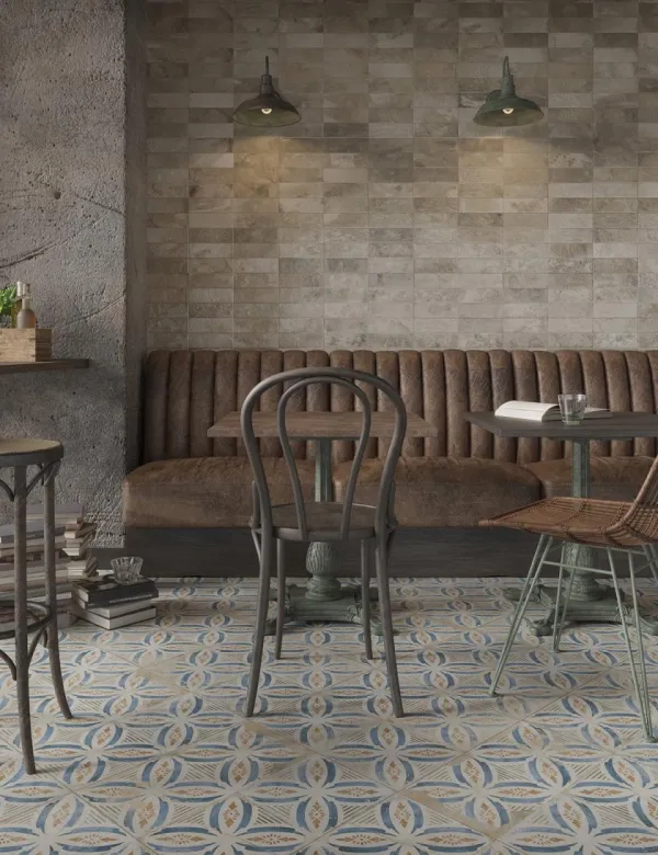Ambiente con azulejos efecto hidráulico, colección Fs raku de Peronda