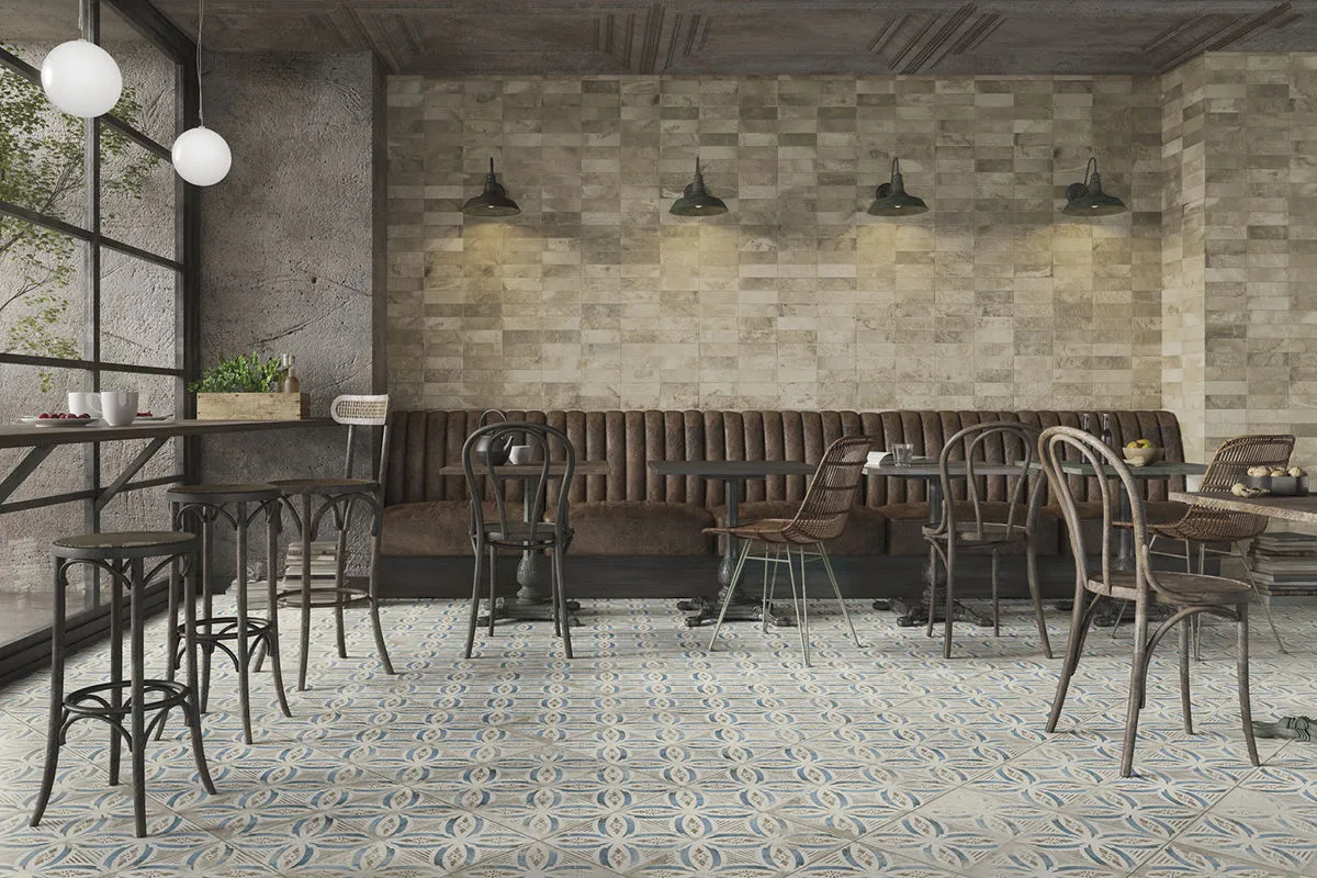 Ambiente con azulejos efecto hidráulico, colección Fs roots de Peronda