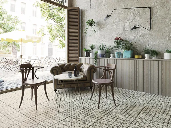 Ambiente con azulejos efecto hidráulico en tonos neutros, colección Fs temple de Peronda
