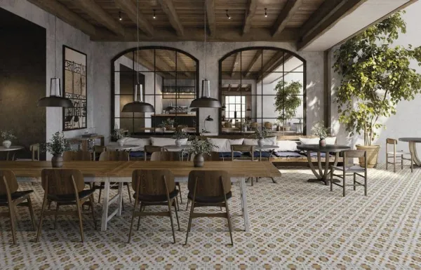 Ambiente con azulejos efecto hidráulico en tonos cálidos, colección Fs valentia de Peronda