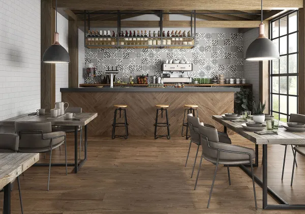 Ambiente con azulejos efecto hidráulico, colección Havana de Roca