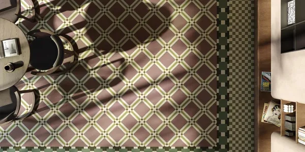 Ambiente con azulejos efecto hidráulico en tonos cálidos, colección Surf de Vives