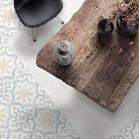Ambiente con azulejos efecto hidráulico, colección Valencia de Dune