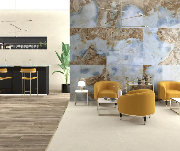 Ambiente con azulejos efecto mármol, colección Danae de Pamesa
