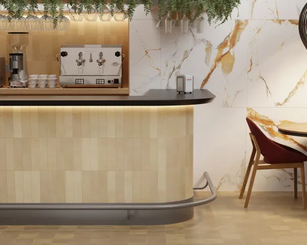 Ambiente con azulejos efecto monocolor en tonos cálidos, colección Agadir de Dune