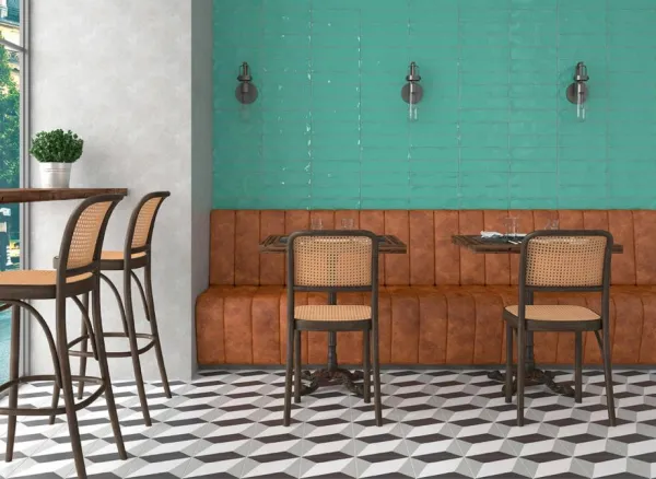 Ambiente con azulejos efecto monocolor en tonos fríos, colección Aston de Mayolica