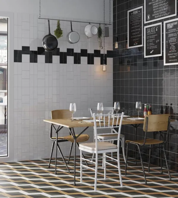 Ambiente con azulejos efecto monocolor en tonos neutros, colección Country de Equipe