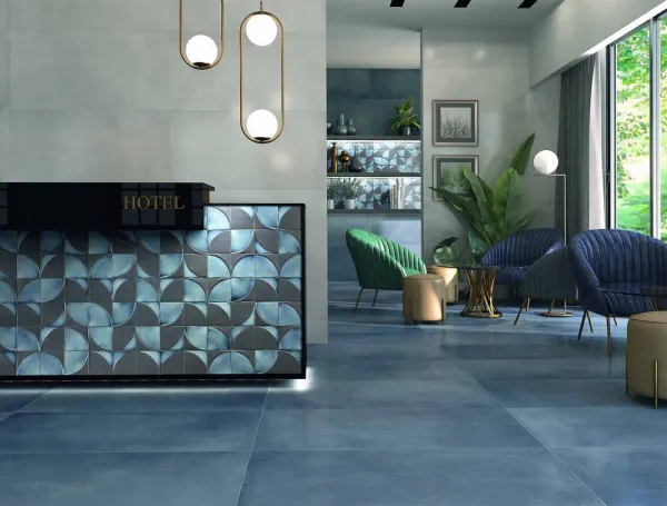 Ambiente con azulejos efecto monocolor en tonos fríos, colección D autore de Natucer