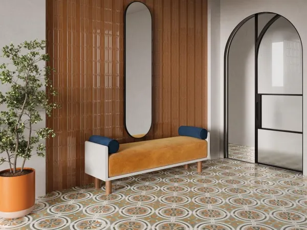 Ambiente con azulejos efecto monocolor en tonos cálidos, colección Elipse de Harmony