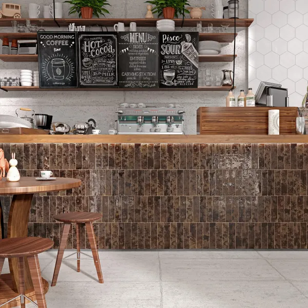 Ambiente con azulejos efecto monocolor en tonos cálidos, colección Fusión de Ribesalbes