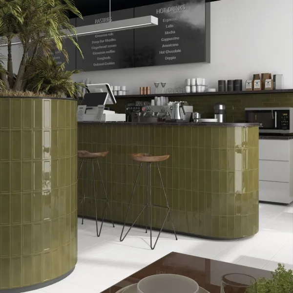 Ambiente con azulejos efecto monocolor, colección Island de Equipe