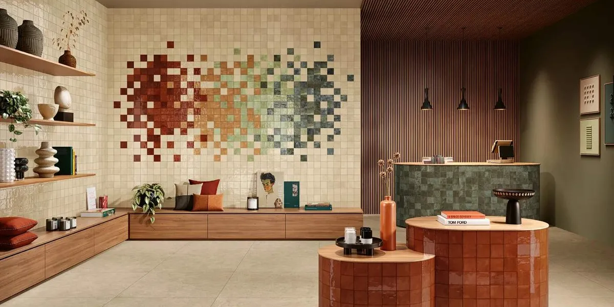 Ambiente con azulejos efecto monocolor en tonos cálidos, colección Kech de Gresart