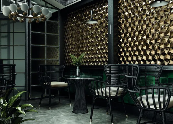 Ambiente con azulejos efecto monocolor en tonos fríos, colección Magical3 de Equipe
