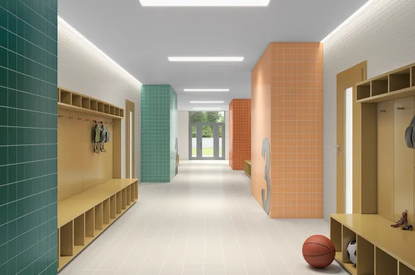 Ambiente con azulejos efecto monocolor en tonos cálidos, colección Nova arquitectura de Cinca