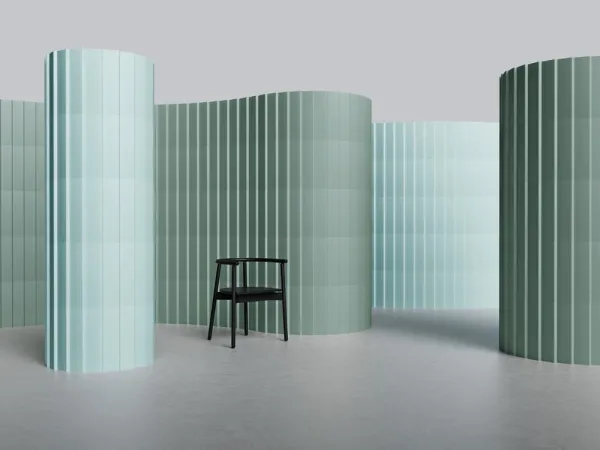 Ambiente con azulejos efecto monocolor en tonos fríos, colección Ona de Harmony