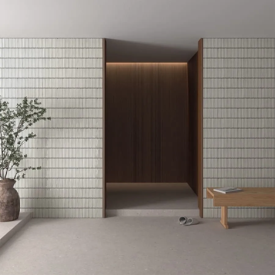 Ambiente con azulejos efecto monocolor, colección Osaka bars de DNA Tiles