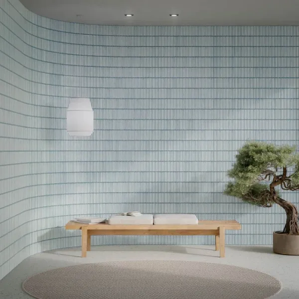 Ambiente con azulejos efecto monocolor en tonos fríos, colección Osaka bars de DNA Tiles