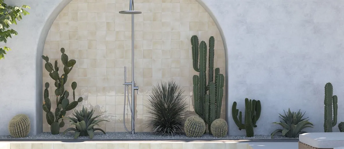 Ambiente con azulejos efecto monocolor en tonos fríos, colección Spa&pools de Equipe