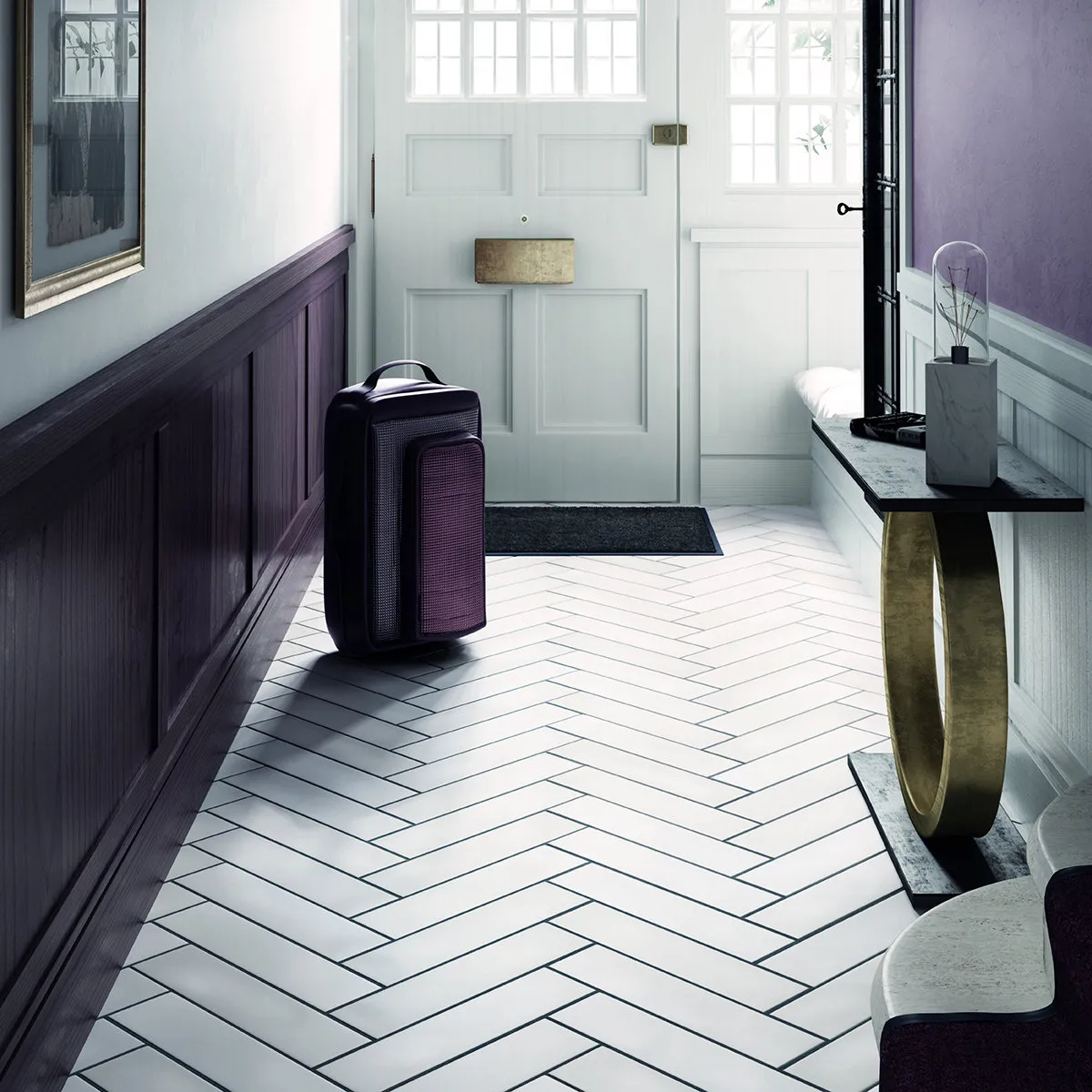 Ambiente con azulejos efecto monocolor en tonos fríos, colección Stromboli de Equipe