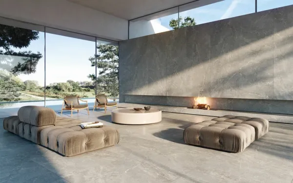Ambiente con azulejos efecto piedra en tonos neutros, colección Alchemy de Peronda