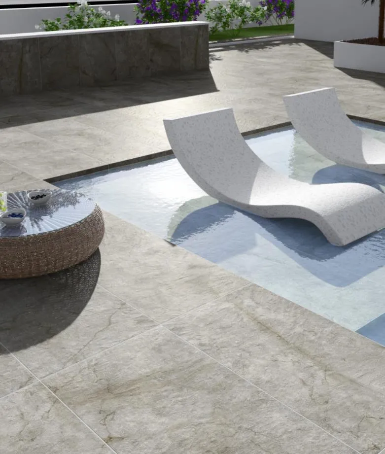 Ambiente con azulejos efecto piedra en tonos neutros, colección Bali rock de Mikonos