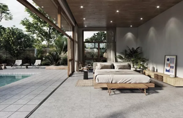 Ambiente con azulejos efecto piedra en tonos neutros, colección Bedford de Exagres