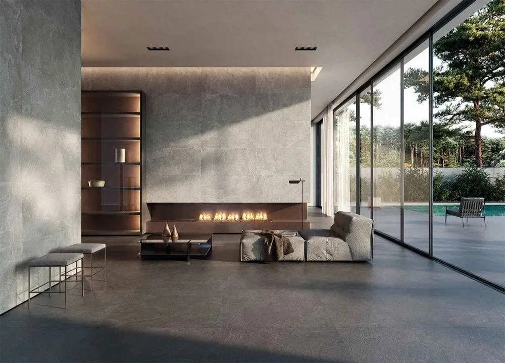 Ambiente con azulejos efecto piedra en tonos neutros, colección Dallas de Durstone
