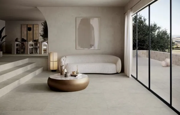 Ambiente con azulejos efecto piedra, colección Essenza de Exagres