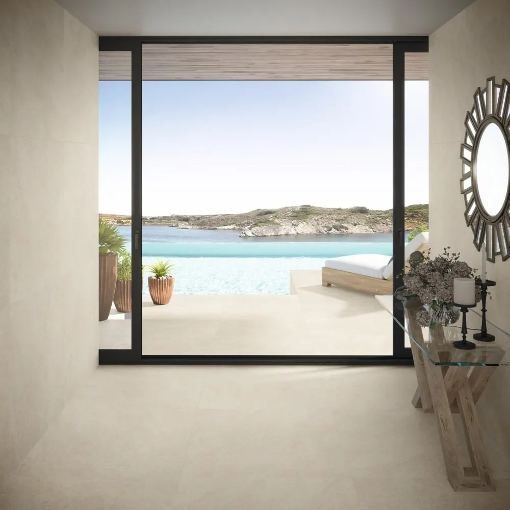 Ambiente con azulejos efecto piedra, colección Formentor de Cristacer
