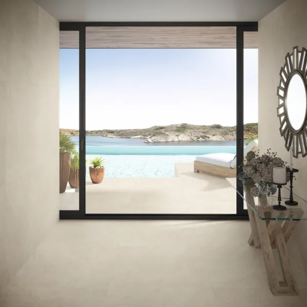 Ambiente con azulejos efecto piedra, colección Formentor de Cristacer