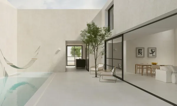 Ambiente con azulejos efecto piedra en tonos neutros, colección Ghent de Peronda