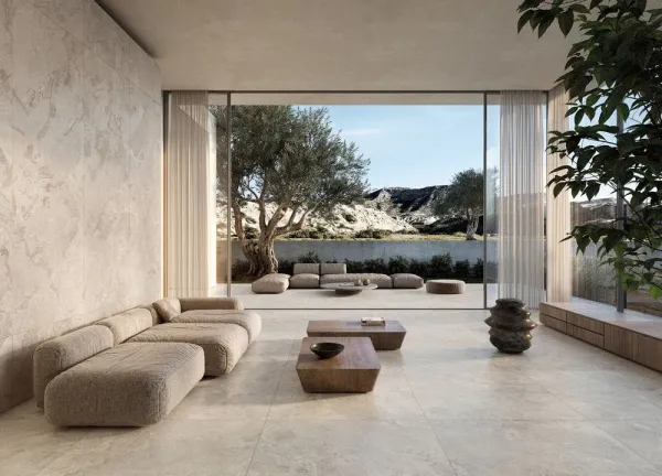 Ambiente con azulejos efecto piedra, colección Haven de Peronda