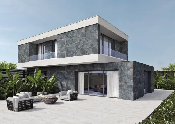Ambiente con azulejos efecto piedra en tonos fríos, colección Iconic de Metropol