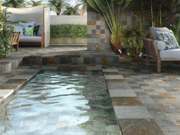 Ambiente con azulejos efecto piedra en tonos fríos, colección Pierre de bali de Ape
