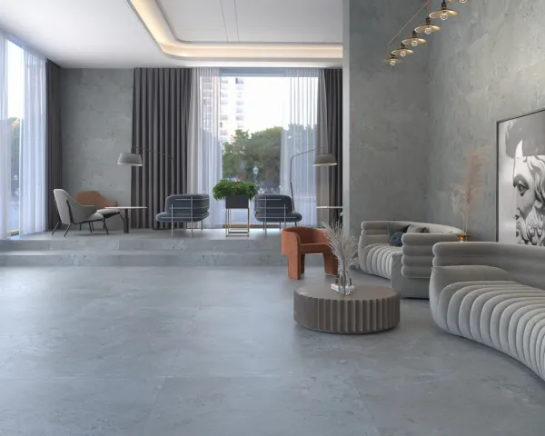 Ambiente con azulejos efecto piedra, colección Pietra viva de Dune