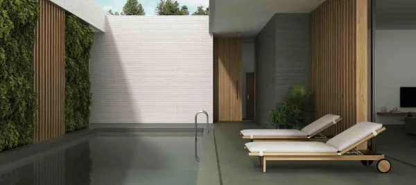 Ambiente con azulejos efecto piedra en tonos neutros, colección Terraviva de Undefasa