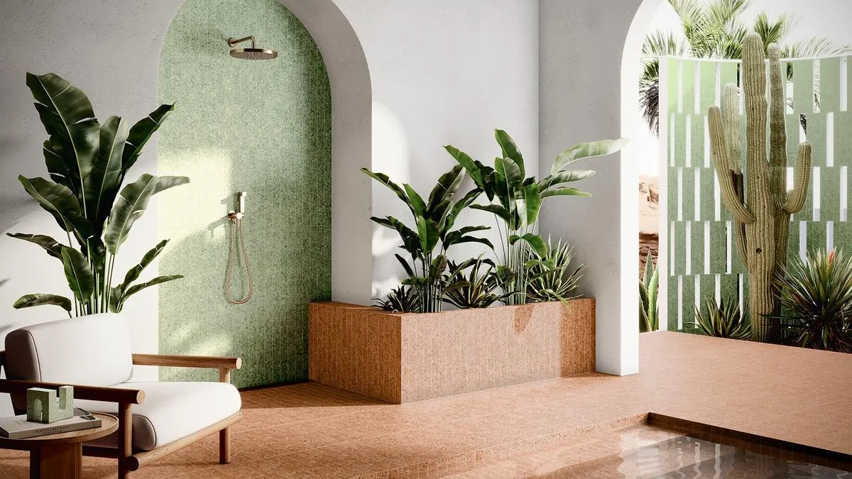 Ambiente con azulejos efecto terrazo en tonos cálidos, colección Terrazo de Mayolica