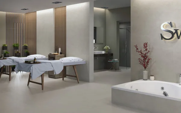 Baño con azulejos en tonos neutros