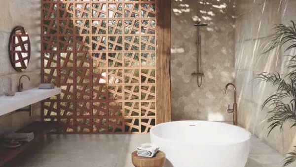 Baño con azulejos efecto barro en tonos cálidos, colección Antico casale de Ape