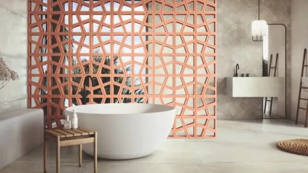 Baño con azulejos efecto barro en tonos cálidos, colección Antico casale de Ape