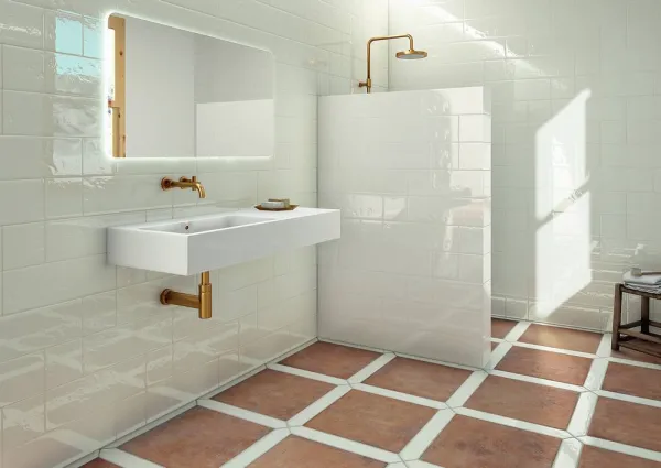 Baño con azulejos efecto barro, colección Argile de Natucer
