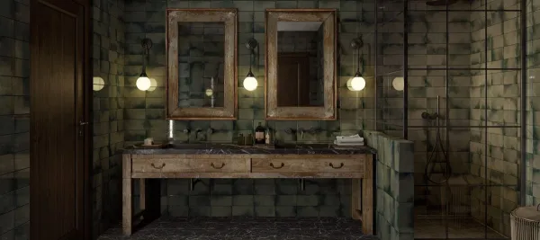 Baño con azulejos efecto barro, colección Fs ignis de Peronda
