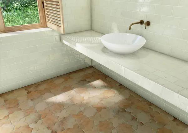 Baño con azulejos efecto barro, colección Malta de Natucer
