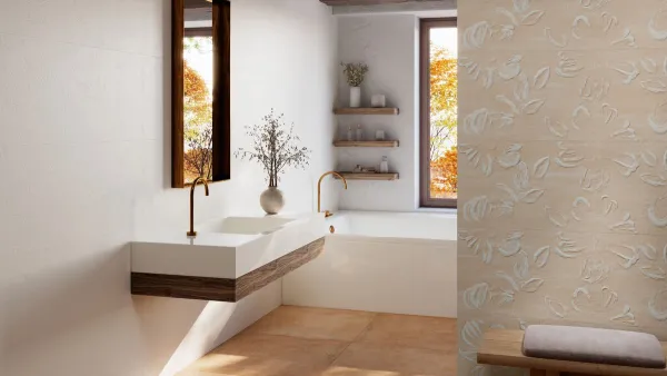 Baño con azulejos efecto barro en tonos cálidos, colección Manises de Grespania