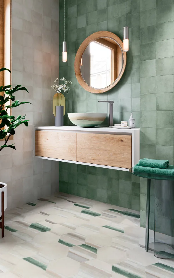 Baño con azulejos efecto barro, colección Matter de ZYX