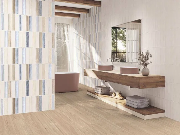 Baño con azulejos efecto barro en tonos cálidos, colección Revival de Colorker