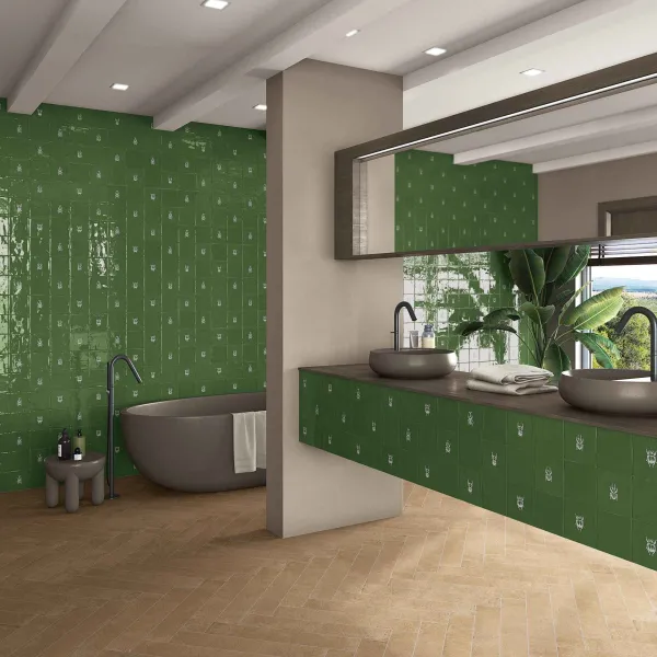 Baño con azulejos efecto barro, colección Root de Vives